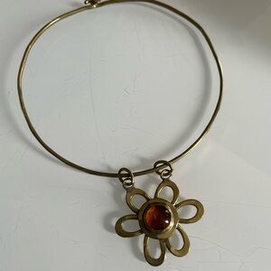 RAFAEL Gold Brass Floral Necklace with Amber Glass Center